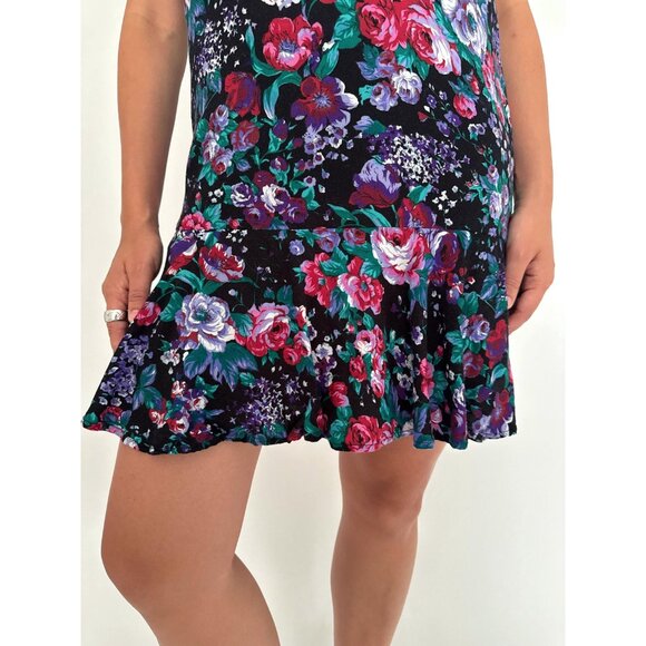 80s vintage purple bold retro floral print ruffled short puff sleeves mini dress - Picture 7 of 9